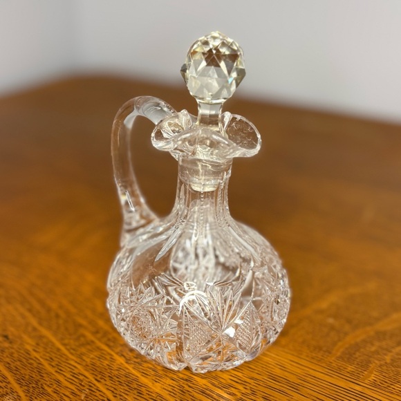 Antique Cut Glass Cruet with Handle & Stopper Etched Glass Decor Delicate Chip - Picture 3 of 14